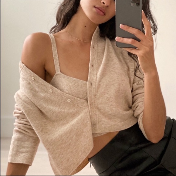 Wilfred Sicily Cardigan and Crop Tank Women's Beige Sweater Set Sz S - Picture 1 of 7